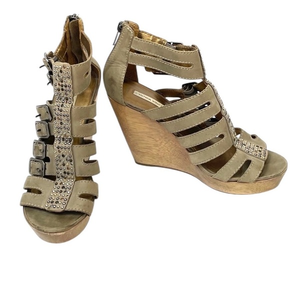 Cynthia Vincent Jett Wedge Leather Sandals 7.5 Buckle Heel Stones Cut Out - Picture 2 of 15